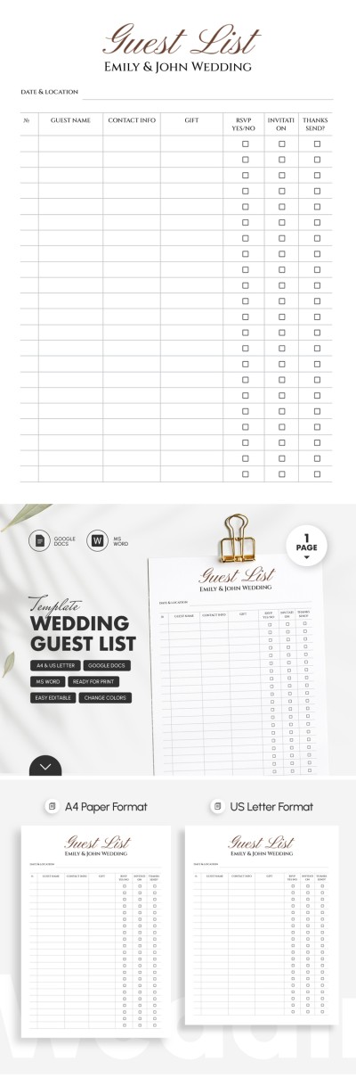 Liste d'invités de mariage minimaliste et éditable Modèle