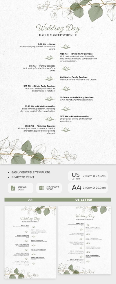 Wedding Hair and Makeup Schedule Template Template