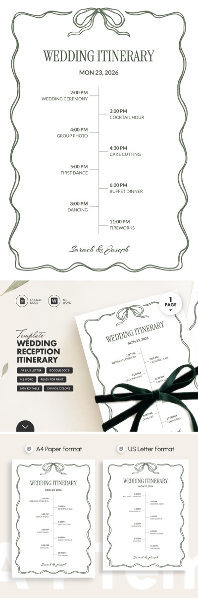 Modelo de Itinerário da Recepção de Casamento Modelo