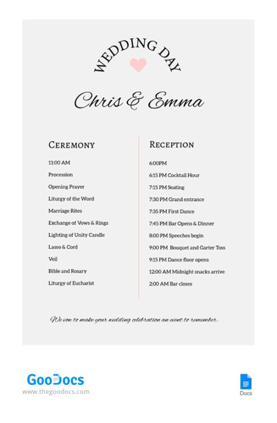 Free Wedding Schedule Template In Google Docs