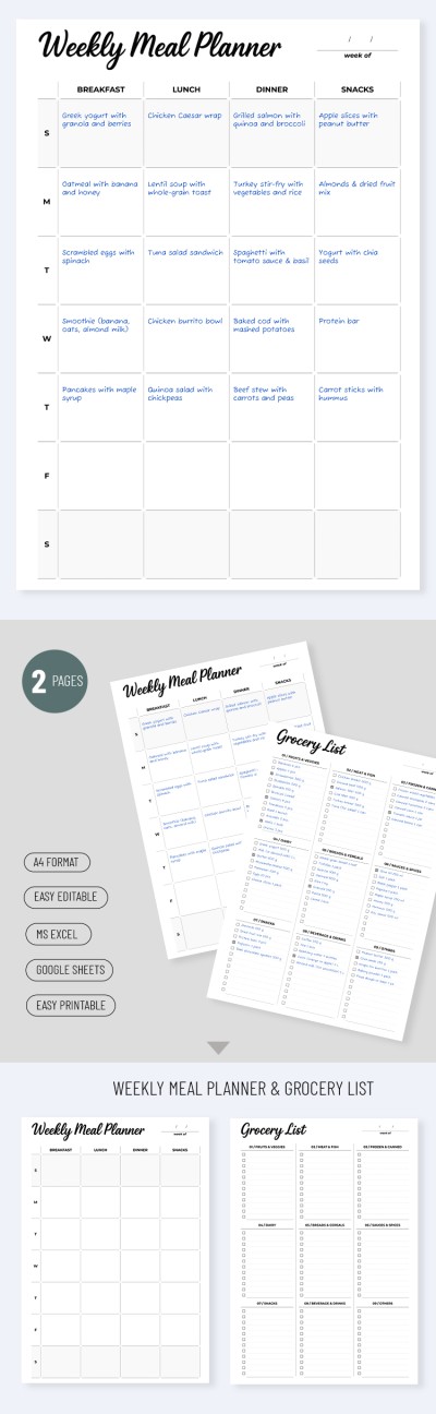 Wöchentliche Mahlzeiten-Planungsvorlage und Einkaufsliste Vorlage