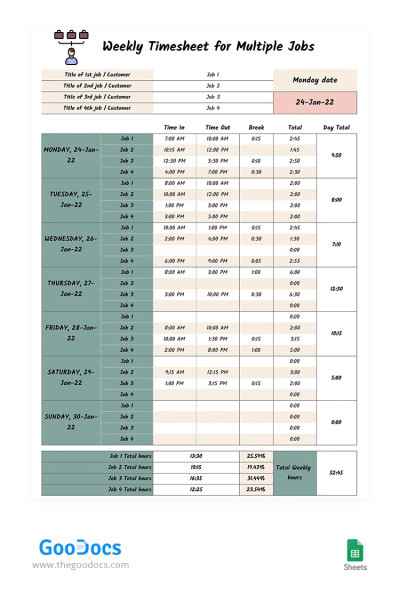 Feuille de temps hebdomadaire pour plusieurs emplois Modèle