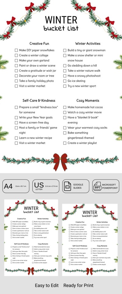 Winter Activities Bucket List Template Template