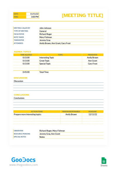 Yellow Meeting Note Template