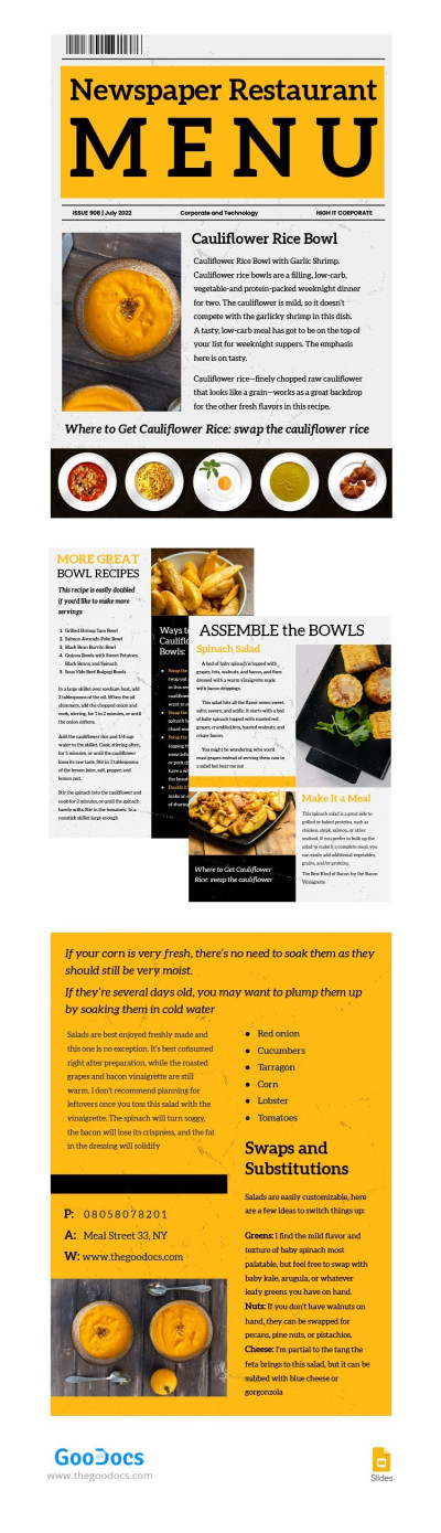 Yellow Restaurant Menu Newspaper Template