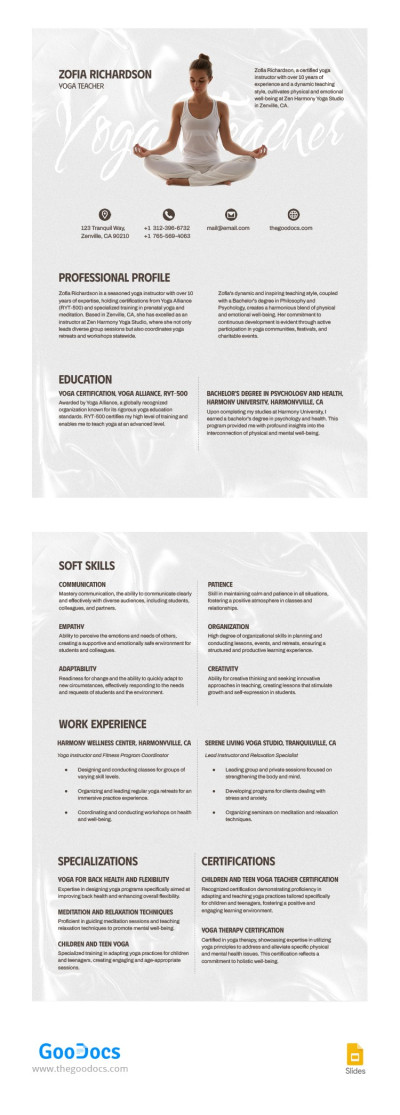 Yoga Teacher Resume Template