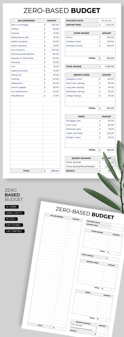 Modèle de budget à base zéro pour les finances personnelles Modèle